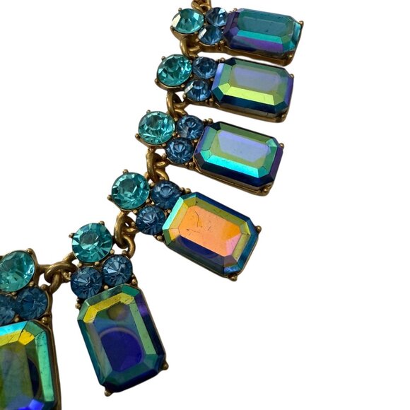 J Crew Statement Necklace Iridescent Blue Turquoise Crystal Stones Gold Adjustab - Picture 15 of 16